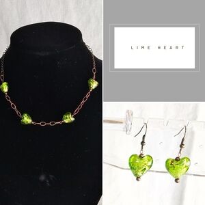 Lime Heart Green Necklace and Earrings Set